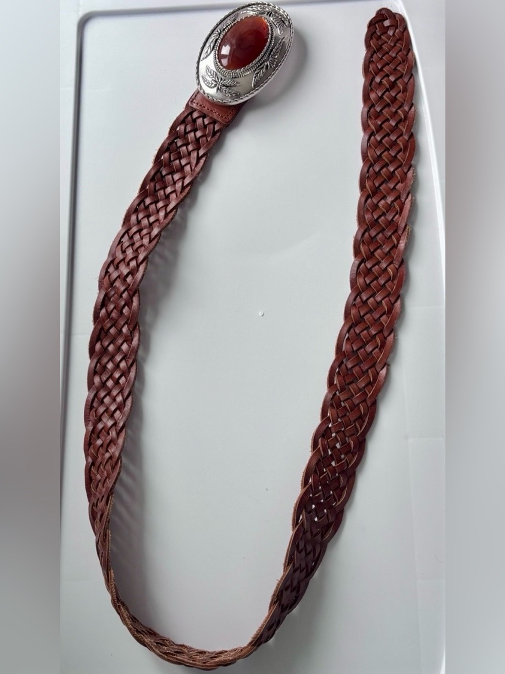 Zara Braided Brown Leather Belt with Decorative Silver hewn Buckle